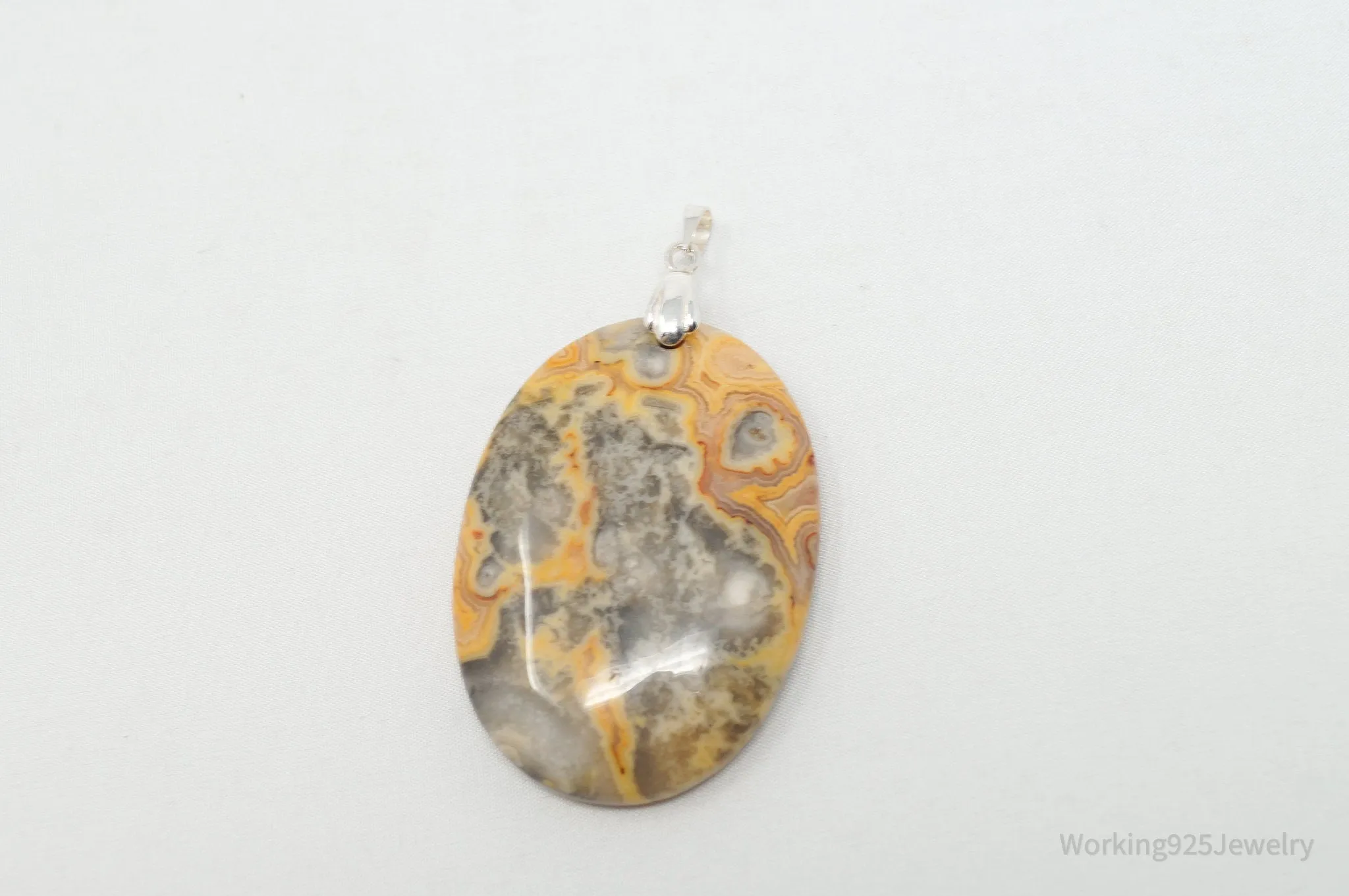 Vintage Large Orange Lace Agate Sterling Silver Necklace Pendant