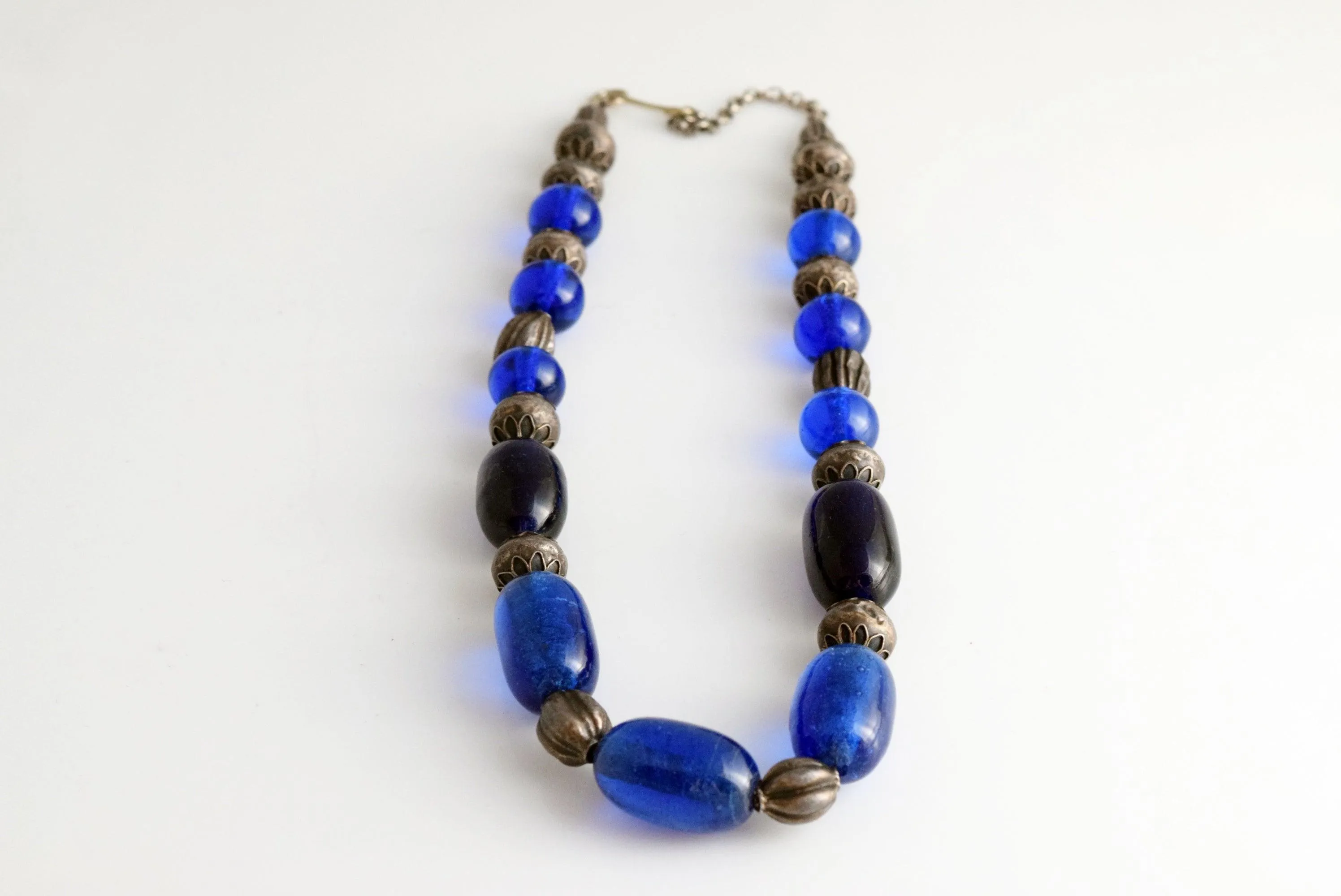 Vintage Necklace with Silver and Blue Glass Beads