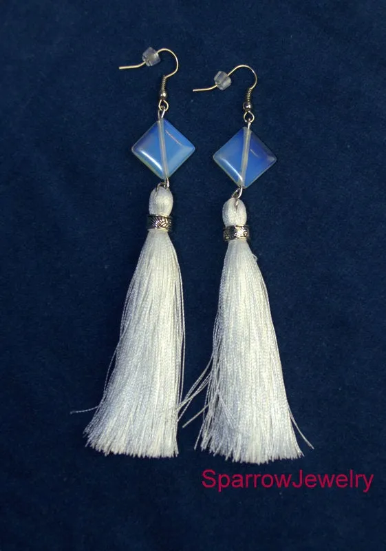 Wedding opal moonstone tassel earring Blue White silky bridesmaid earrings Customized tassel earrings Luxe moonstone bridal earrings for her