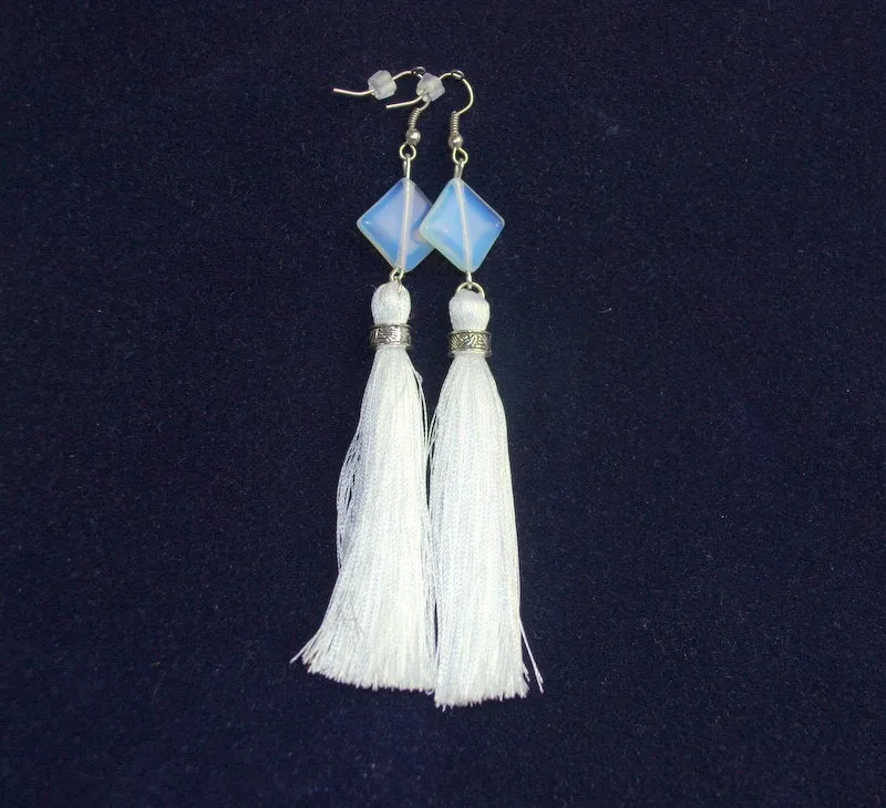 Wedding opal moonstone tassel earring Blue White silky bridesmaid earrings Customized tassel earrings Luxe moonstone bridal earrings for her