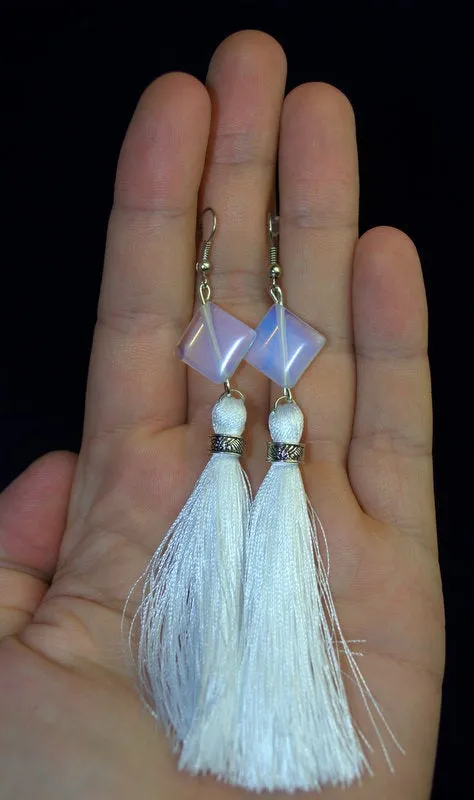 Wedding opal moonstone tassel earring Blue White silky bridesmaid earrings Customized tassel earrings Luxe moonstone bridal earrings for her