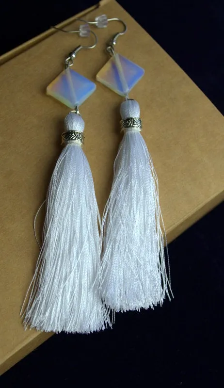 Wedding opal moonstone tassel earring Blue White silky bridesmaid earrings Customized tassel earrings Luxe moonstone bridal earrings for her