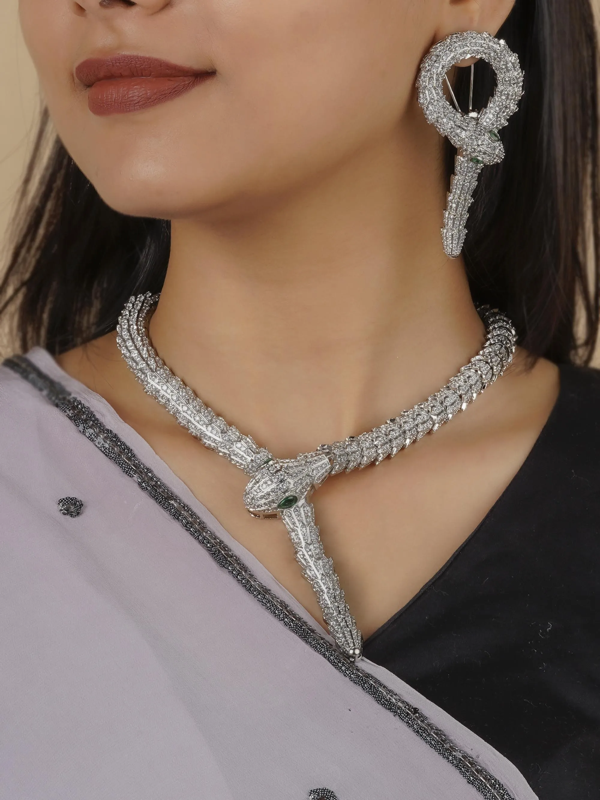 White Color Silver Plated Faux Diamond Necklace Set - CZSET249