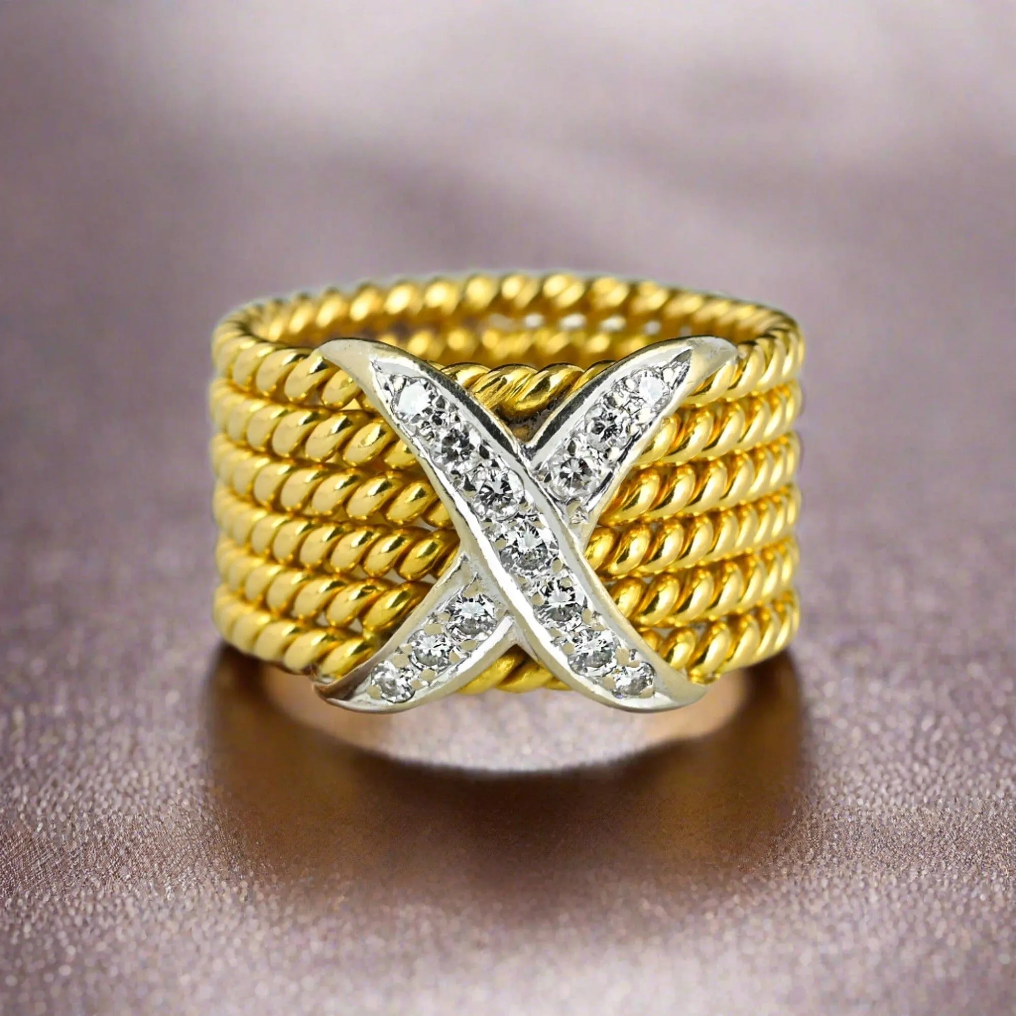 Wide 18K Gold Six Row Rope Ring w Diamond X, Schlumberger Style