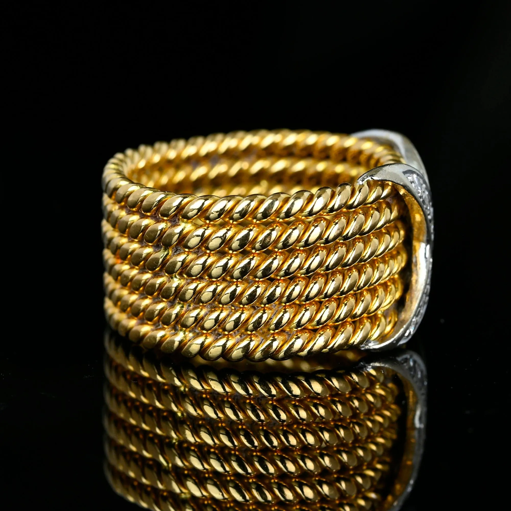 Wide 18K Gold Six Row Rope Ring w Diamond X, Schlumberger Style