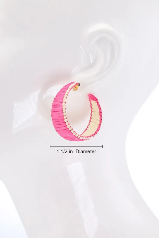 Wide Rattan Hoop Earrings - Fuchsia