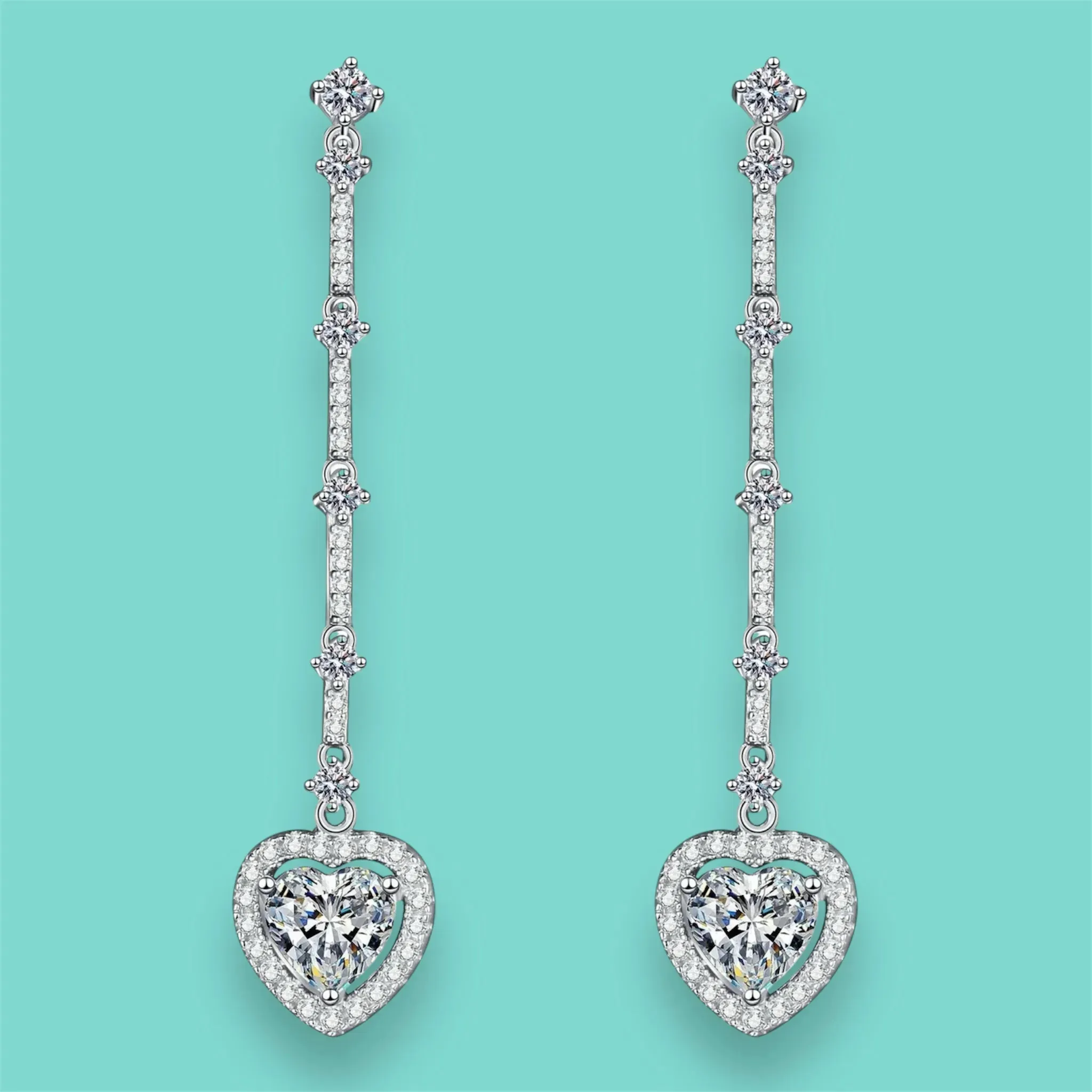 Women's Moissanite and Zircon Silver Heart Drop Earrings