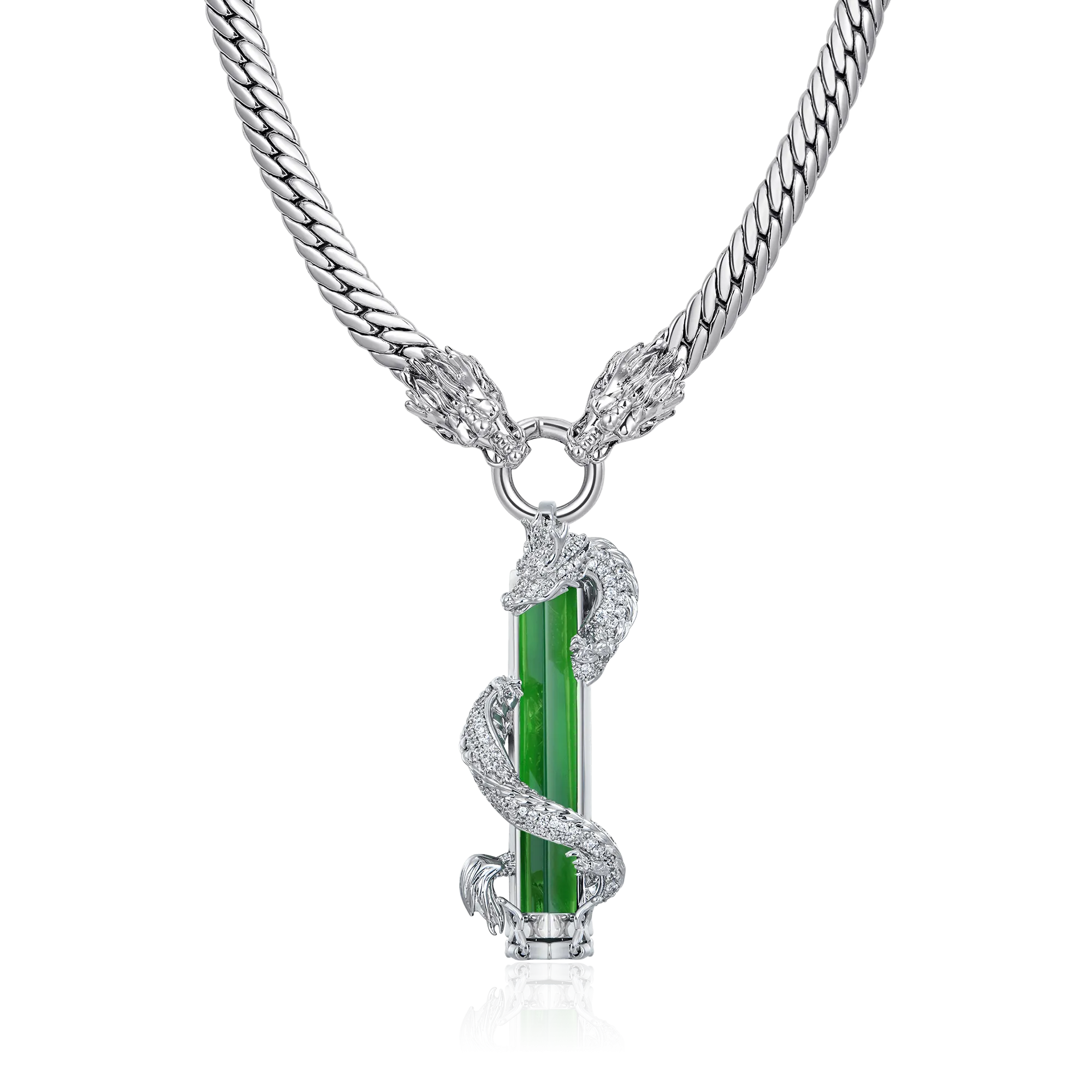 WONG Double Dragon Miami Cuban Chain   Pendant Gift Set (White Gold)