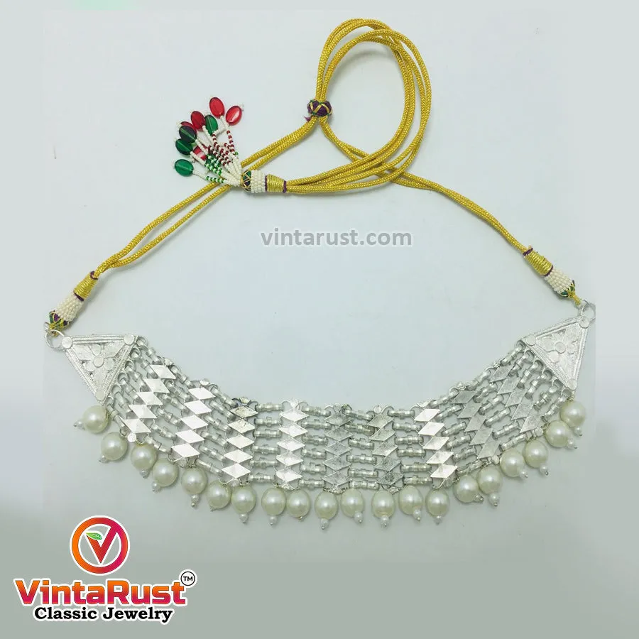 Woven Metallic Tribal Choker Necklace With White Pearls