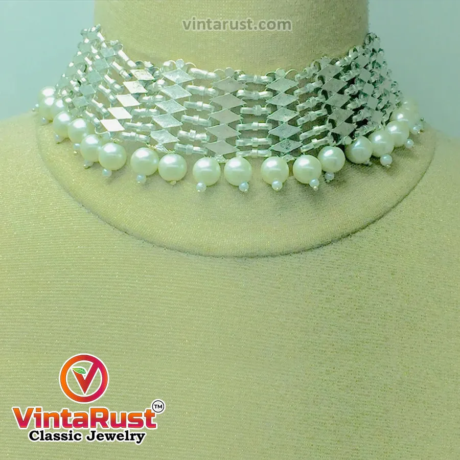 Woven Metallic Tribal Choker Necklace With White Pearls