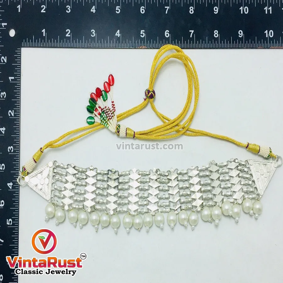 Woven Metallic Tribal Choker Necklace With White Pearls