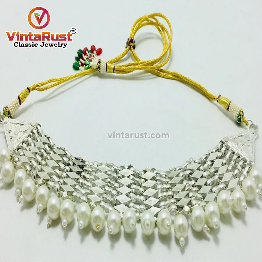 Woven Metallic Tribal Choker Necklace With White Pearls