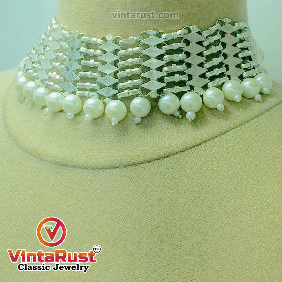 Woven Metallic Tribal Choker Necklace With White Pearls